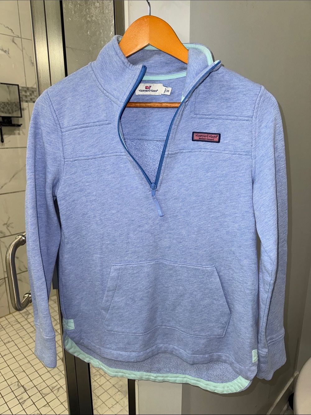 Vineyard Vines womens Light Blue Quarter Zip Pullover with Mint Trim
